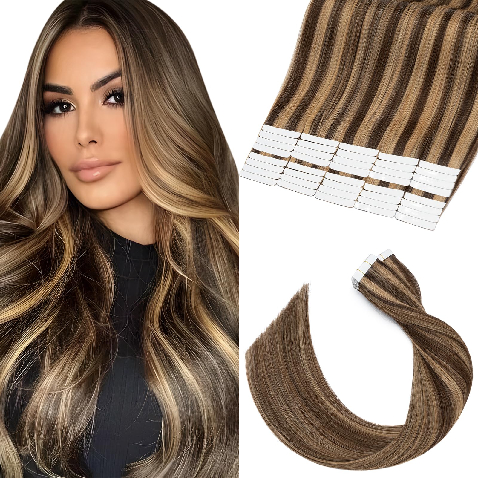 Elailite Tape in Hair Extensions Human Hair 40 Pcs Real Hair - Seamless Skin Weft Remy Hair Extension Straight (4/27 Medium Brown Mix Dark Blonde, 14 Inch-80g)