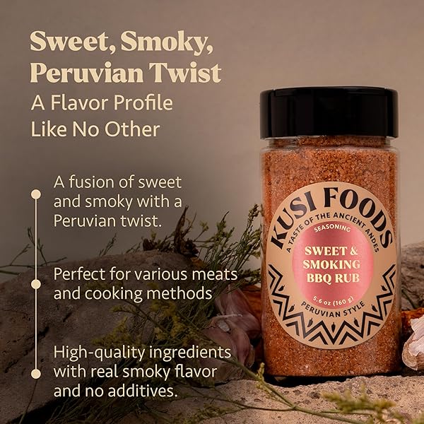 KUSI FOODS PERUVIAN SWEET & SMOKING BBQ RUB 5.6 OZ, SEASONING WITH PAPRIKA, CELERY SEED AND VINEGAR, NATURAL INGREDIENTS, PERFECT FOR GRILLING, AIRFRYER, MEAT, CHICKEN, LOW CALORIES