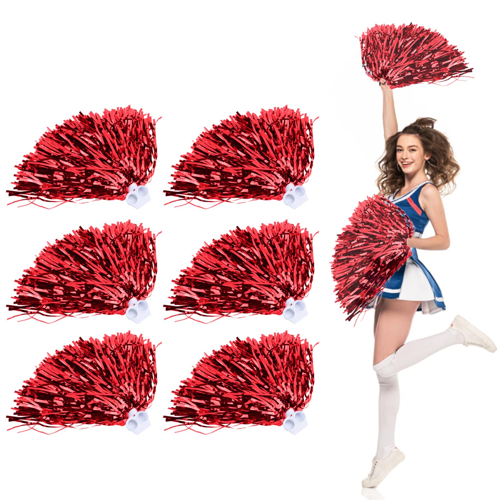 Dioche Cheerleading Pom Poms, 6 Pack Cheerleader Cheering Squad Pompoms with Handle for Team Spirit Sports Party Dance Cheering Kids Adults (Red)