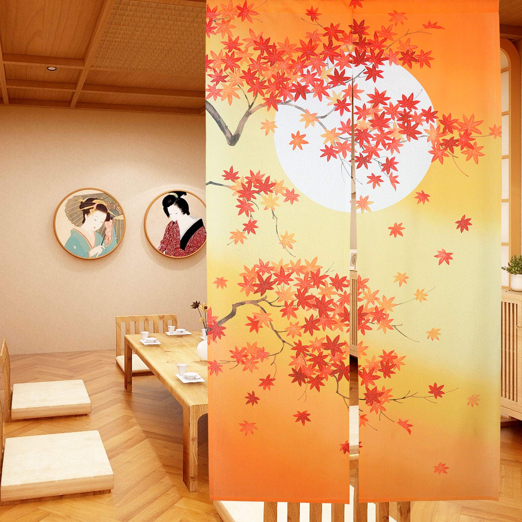 LIGICKY Japanese Noren Long Type Doorway Curtain Door Tapestries for Home Decoration 33.5 x 59 inch (Autumn Maple Leaves and Full Moon)