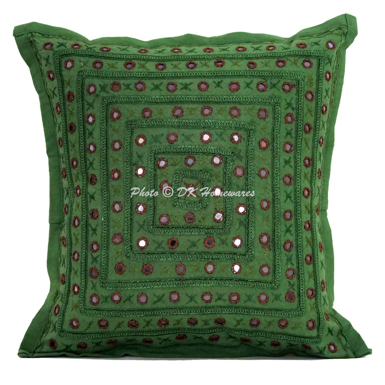 DK Homewares Indian Couch Scatter Pillowcase Dark Green 40cm x 40cm Mirror Embroidered Cotton Boho Square Bedroom 16x16 Inches Ethnic Sofa Cushion Cover - 1 Piece