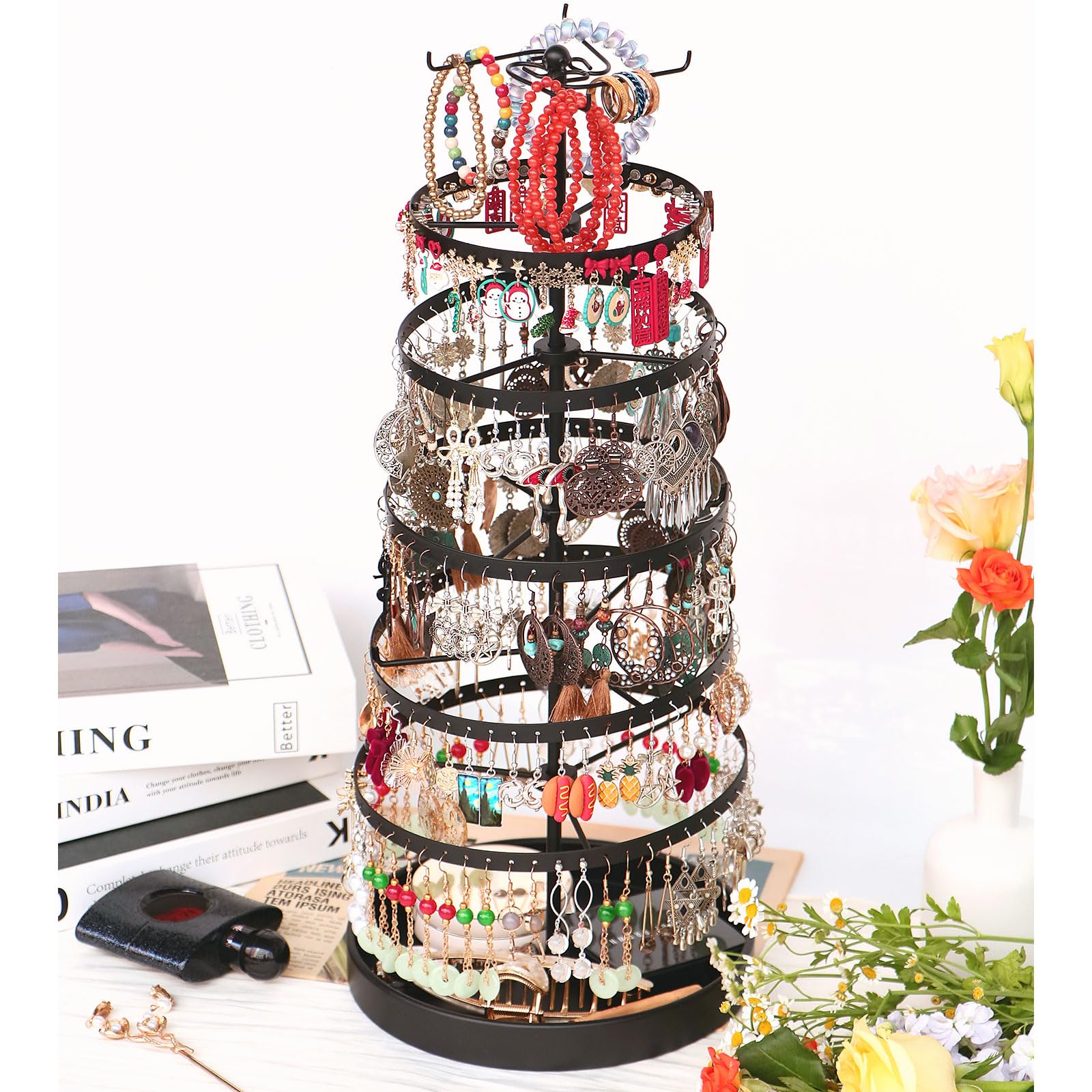 Photo 1 of 17Dec 6 Tier Rotating Jewelry Organizer Stand, 230 Holes Earring Holder Organizer for Women Girls, Spinning Earring Tree with Ring Holder, Wide Base for Bracelets Watches Lipstick