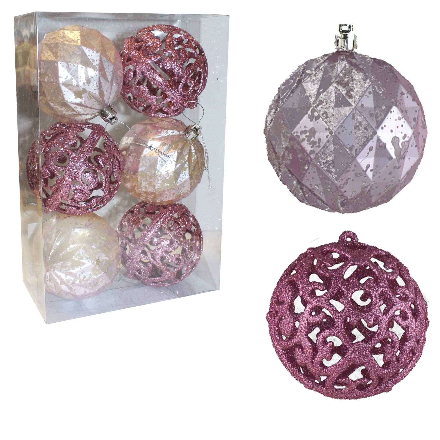 Christmas Decoration 6 Pack 80mm Filigree/Diamond Cut Baubles - Pink