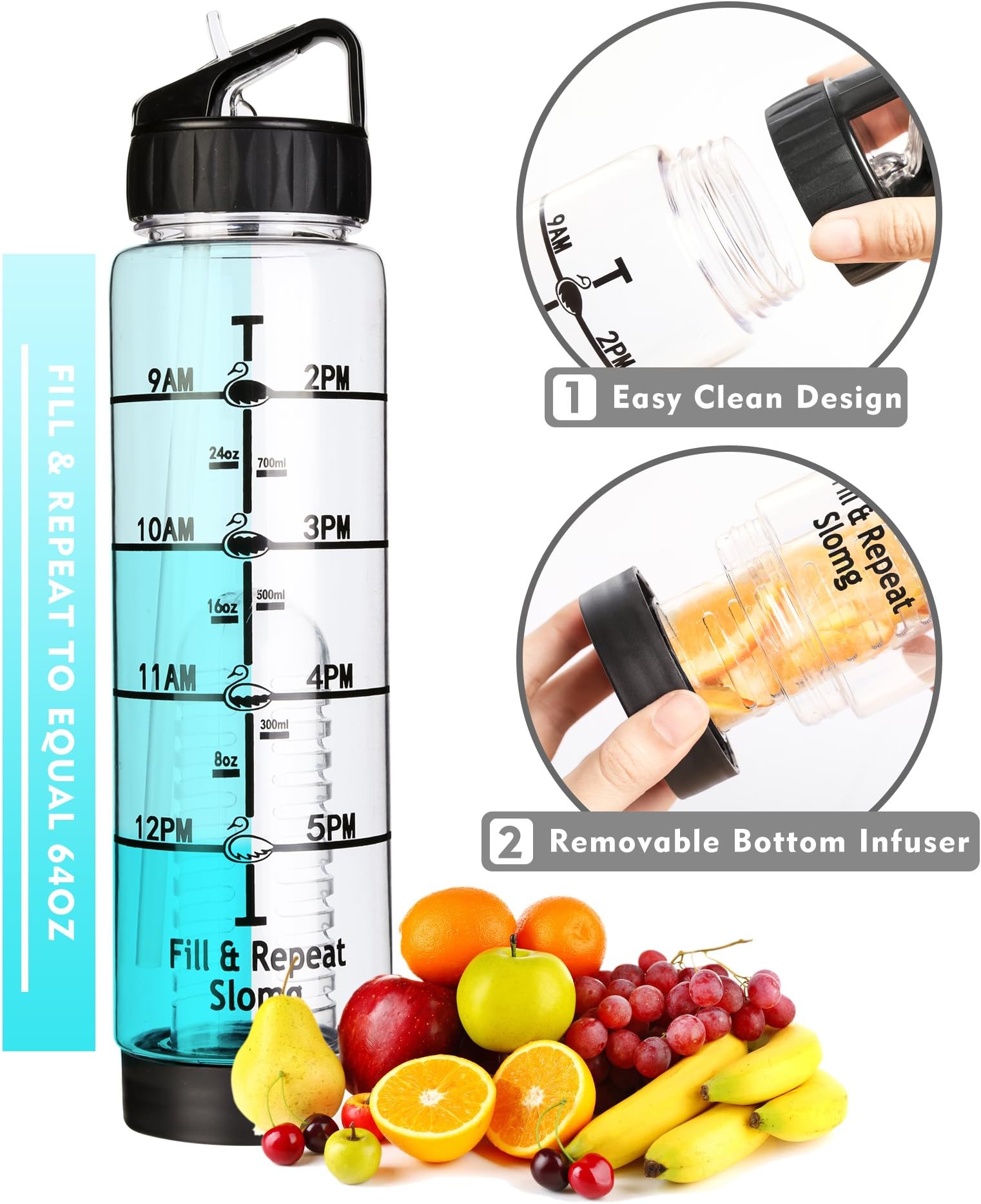 Easy Clean 32 oz Straw Water Bottle, Leak Proof Measurement Markings Water Bottle Time Marker, Eco Friendly BPA Free Fruit Infuser Water Bottle oz Tracker, Office 1 Liter Gym Bottle Reminder to Drink