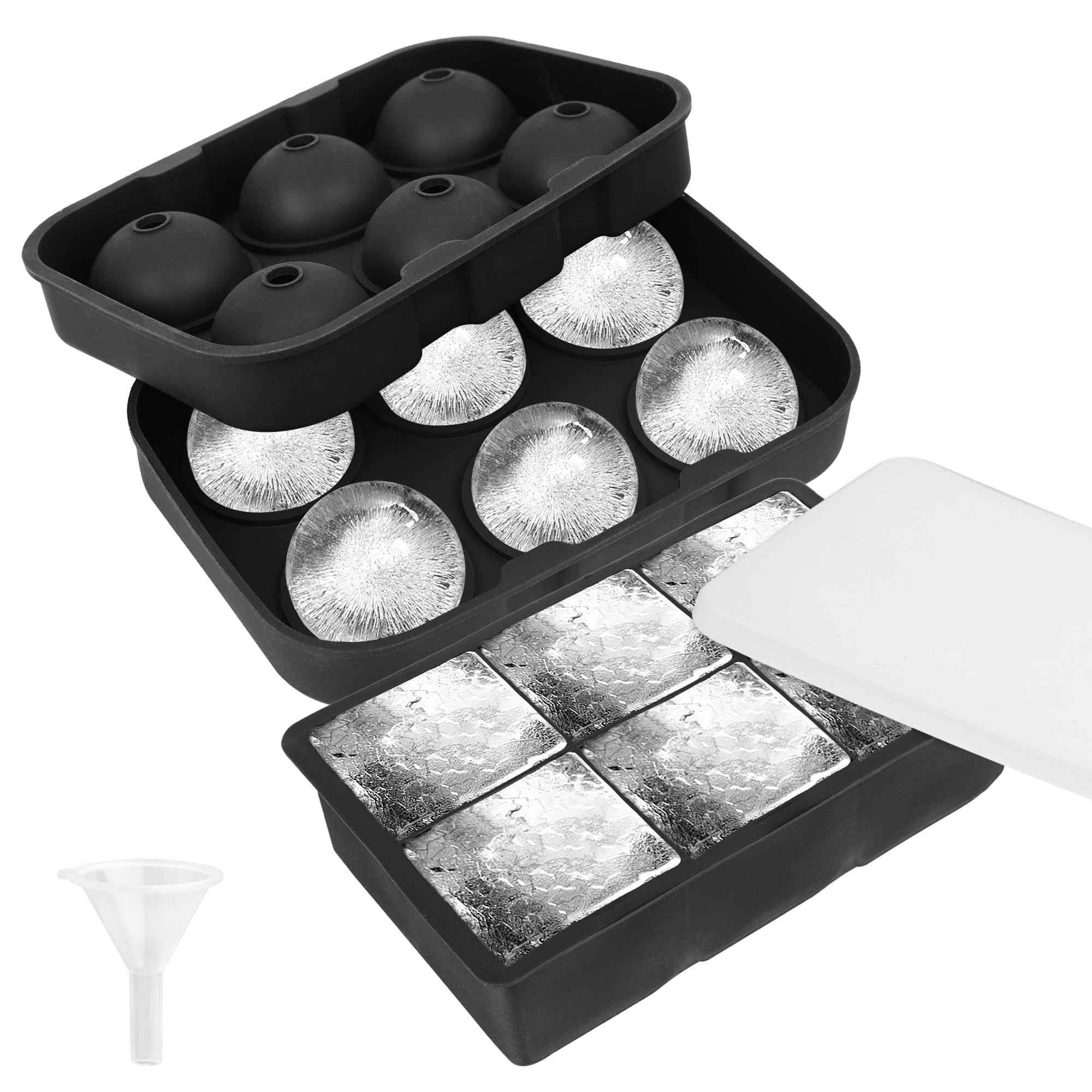 YHT 2 Pack Large Ice Cube and Ball Tray Molds with Lids and a Funnel,Reusable Silicone Square Ice Cube Maker Moulds for Whiskey,Cocktails,Drinks(Black)