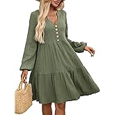 MSLG Women's Long Sleeve Spring Dress A Line Puff V Neck Pleated Buttons Pretty Garden Dresses 202