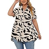 PLOKNRD Women's Plus Size Tops Short Sleeve Henley V Neck Button Up Flowy T Shirts Tunic Loose Blouses