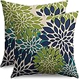 Smozenith Navy Blue Green Teal Pillow Covers 18X18 Inch Set of 2, Modern Geometry Dahlia Floral Print Decorative Throw Pillow Covers Outdoor Farmhouse Cushion Case for Home Couch Sofa Bed Decoration
