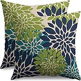 Smozenith Navy Blue Green Teal Pillow Covers 18X18 Inch Set of 2, Modern Geometry Dahlia Floral Print Decorative Throw Pillow Covers Outdoor Farmhouse Cushion Case for Home Couch Sofa Bed Decoration
