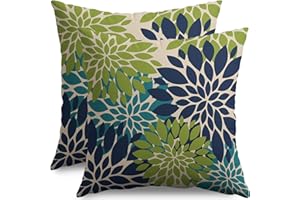 Smozenith Navy Blue Green Teal Pillow Covers 18X18 Inch Set of 2, Modern Geometry Dahlia Floral Print Decorative Throw Pillow