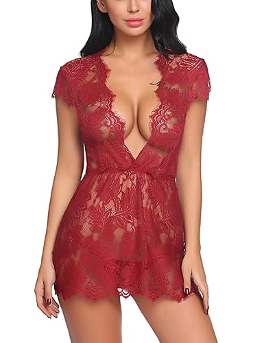 ADOME Negligee Damen Nachtwäsche Nachtkleid V-Ausschnitt Nachthemd Spitze Lingerie Dessous Reizwäsche Set Sleepwear Kleid