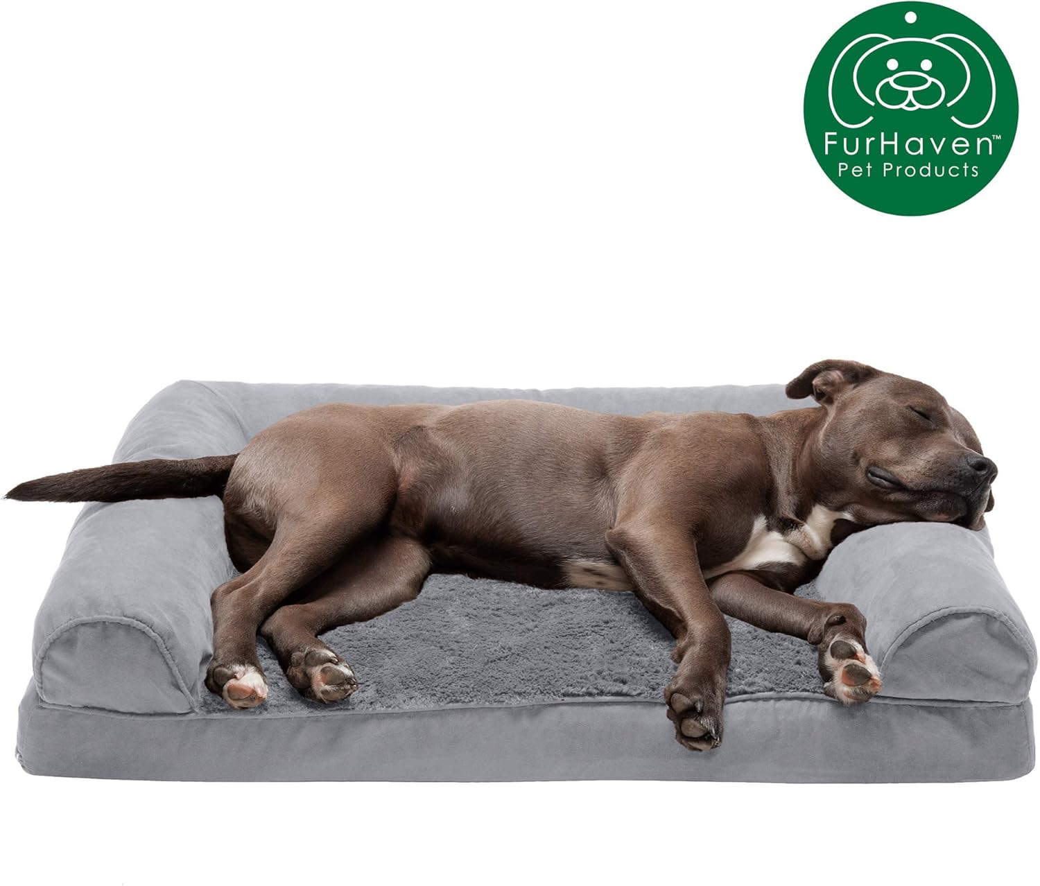 Furhaven Pet Dog Bed - Orthopedic Ultra Plush Faux Fur and Suede Traditional Sofa-Style Living Room Couch Pet Bed with Removable Cover for Dogs and Cats, Gray, Large : Pet Supplies