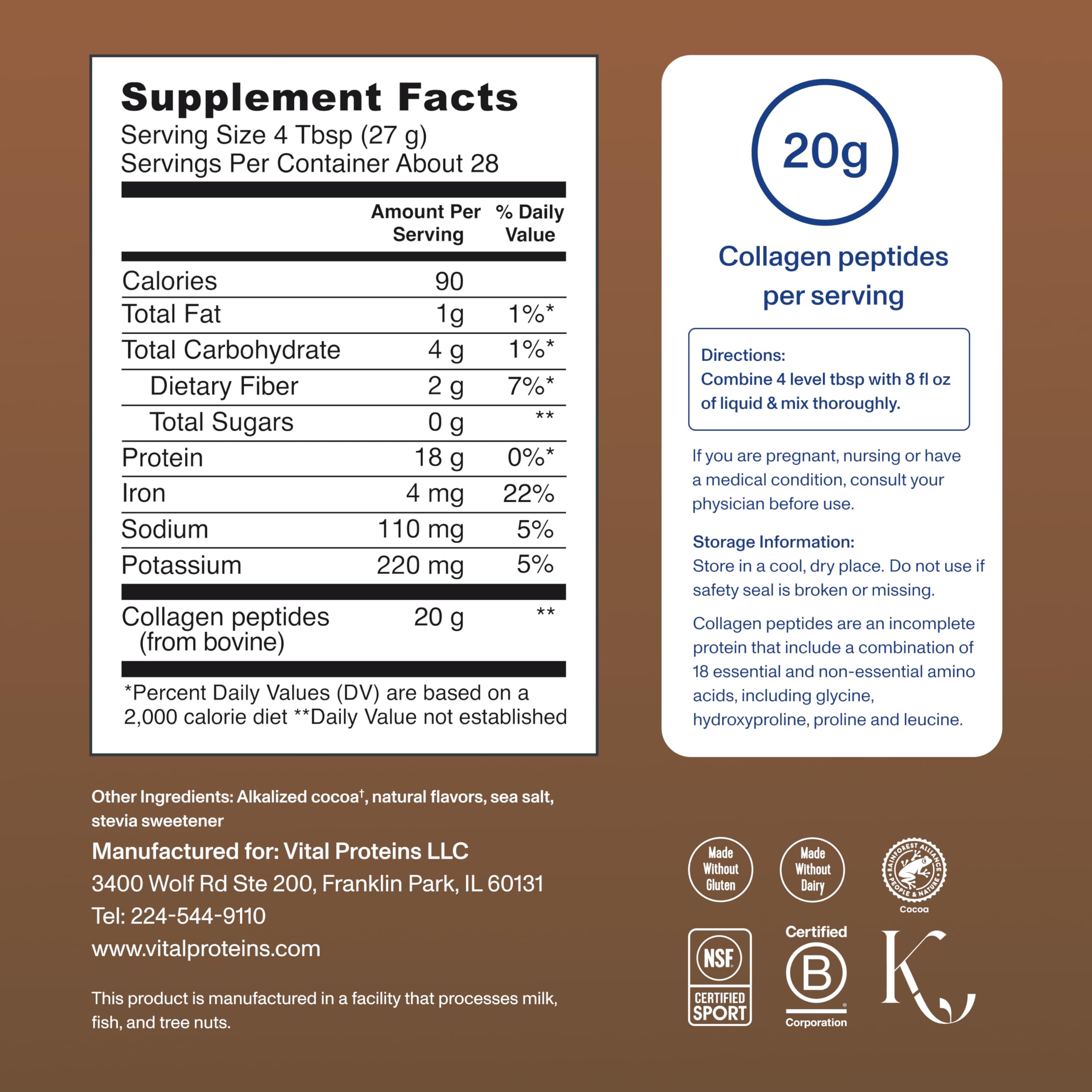 Vital Proteins Collagen Peptides Powder Supplement, Hydrolyzed Collagen for Skin, Hair, Nails & Joints, Chocolate, 28 Servings