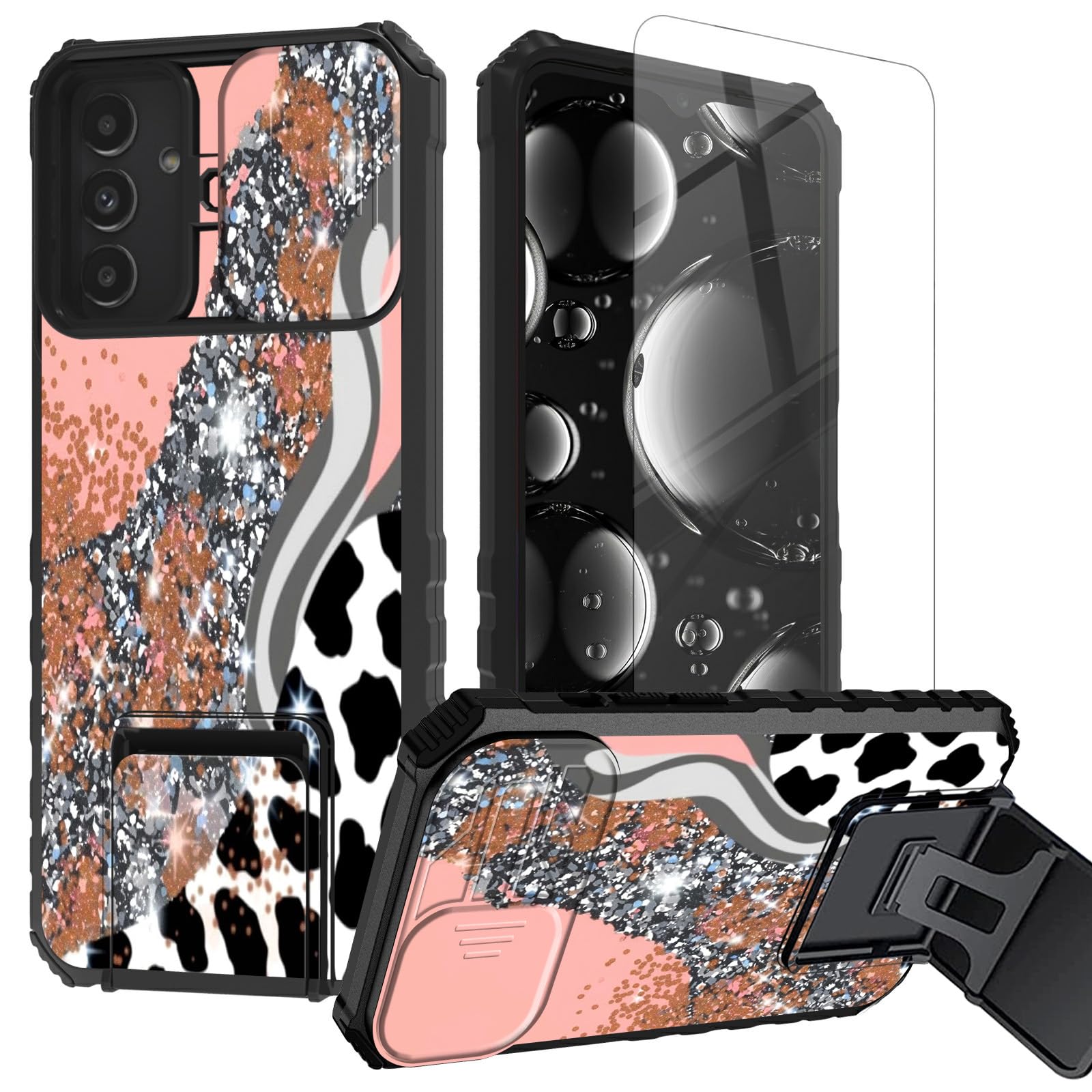 BREIDMKFM for Samsung Galaxy S25 Case with Screen Protector & Kickstand & Slide Camera Lens Protector Cover Heavy Duty Dual Layer Rugged Shockproof Phone Case for Samsung S25,Pink Glitter Leopard