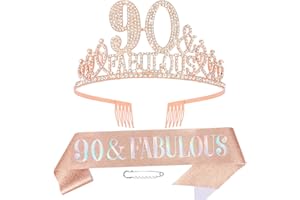 Hapdoo 90th Birthday Decorations for Women, Rose Gold 90th Birthday Decorations Set - 90th Birthday Crown and Sash Happy 90th Birthday Gifts for Woman