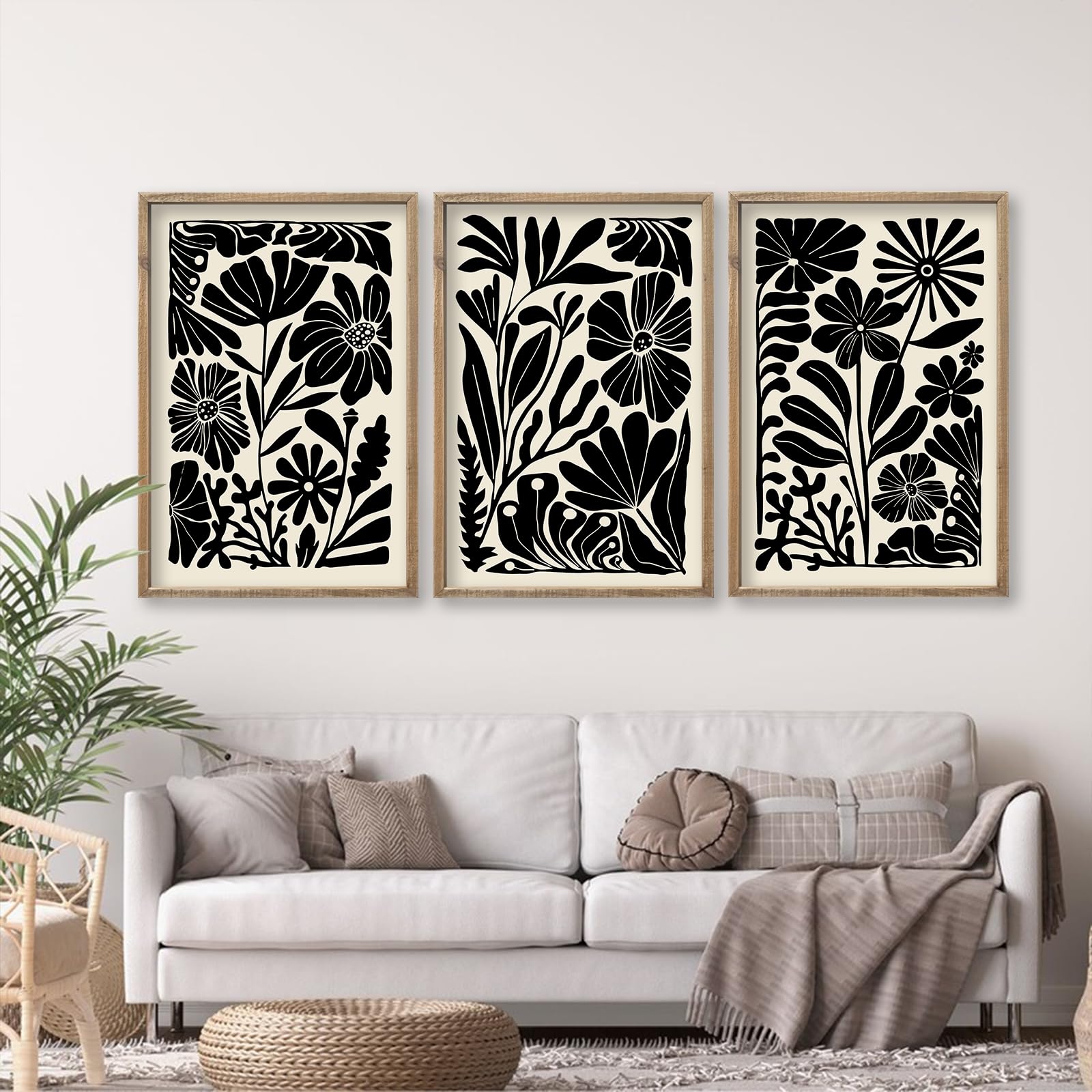 Photo 1 of flowtorely Abstract Floral Botanical Wall Art 16x11 Inch 3 Piece Black Vintage Boho Plant Flower Minimalist Wood Frame Sign Home Living Room Family Office Mid Century Print Wall Hanging Decor (Wood)