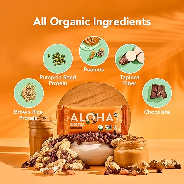 ALOHA ORGANIC PLANT BASED PROTEIN BARS |PEANUT BUTTER CHOCOLATE CHIP | 1.98 OZ (PACK OF 12) | VEGAN, LOW SUGAR, GLUTEN FREE, PALEO, LOW CARB, NON-GMO, STEVIA FREE, SOY FREE, NO SUGAR ALCOHOLS