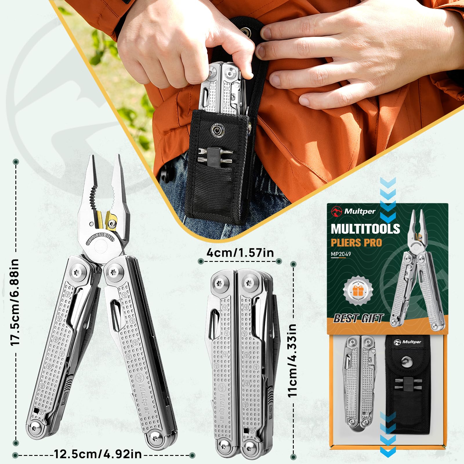 Multper Multitool Werkzeug, Geschenke für Männer, Aufgerüstetes Multi Tool Edelstahl Faltbares mit Damastmesser, Drahtschneider und Schraubendreherset, Multifunktionszange für Outdoor und Camping 8