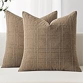 MIULEE Decorative Linen Check Throw Pillow Covers Neutral Farmhouse Vintage Pillow Covers 18x18 Set of 2 Boho Modern Winter Home Decor for Sofa Couch Bedroom Cushion Light Brown