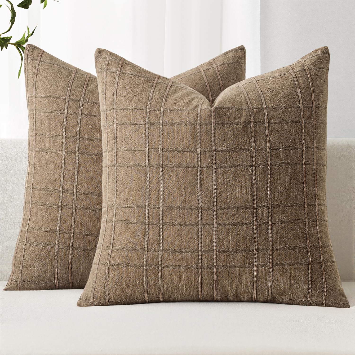 Photo 1 of MIULEE Decorative Linen Check Euro Shams Throw Pillow Covers Neutral Farmhouse Vintage Fall Pillow Covers 22x22 Inch Set of 2 Boho Modern Home Decor for Sofa Couch Bedroom Cushion Chair Light Brown
