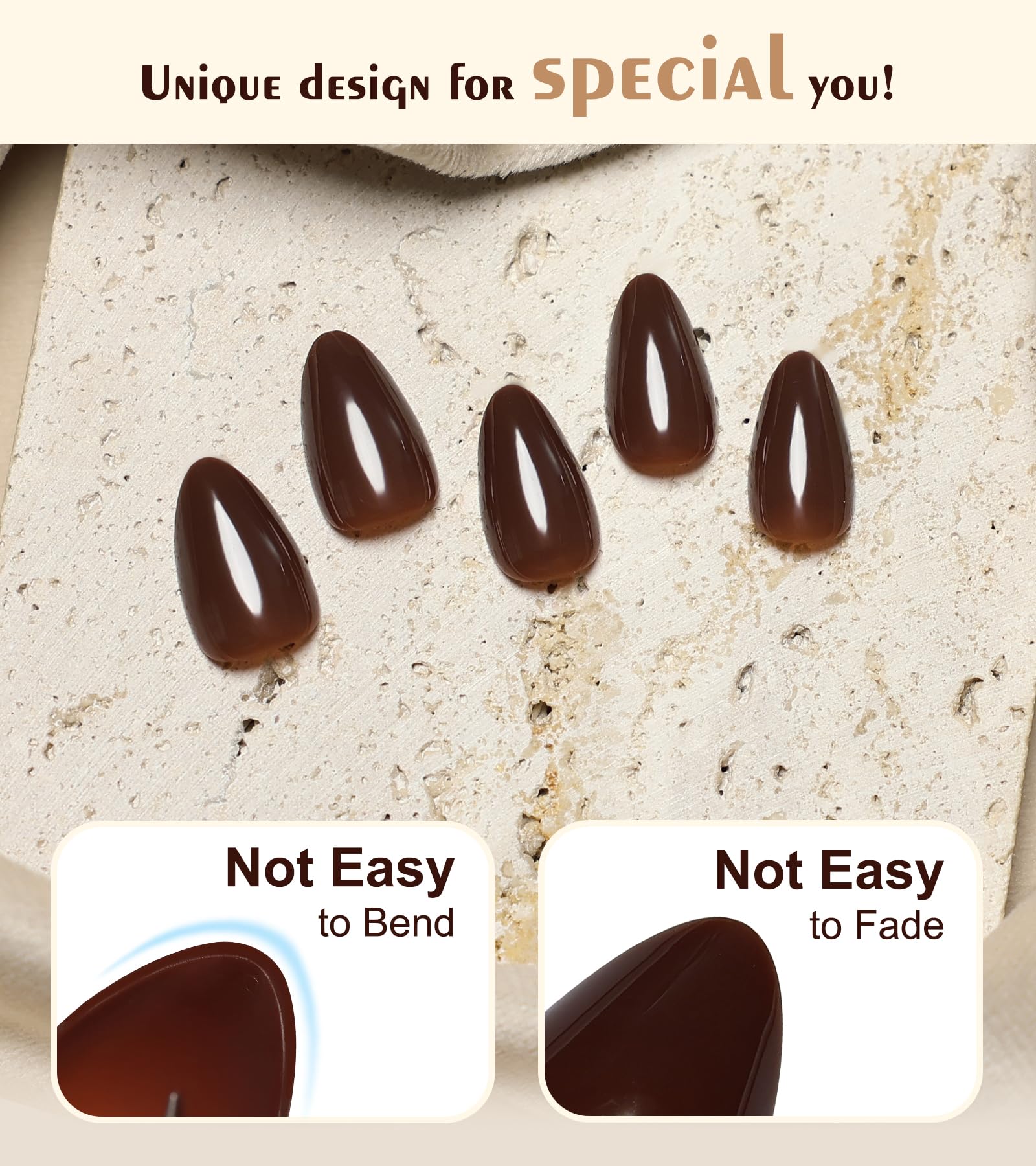 Morily Press on Nails Almond, Dark Brown Short Fake Nails with Designs Reusable Acrylic False Nails Glossy Full Cover Stick on Nails for Women - Image 3