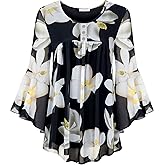 JCZHWQU Women's Cute V Neck 3/4 Bell Sleeve Pleated Front Chiffon Blouse