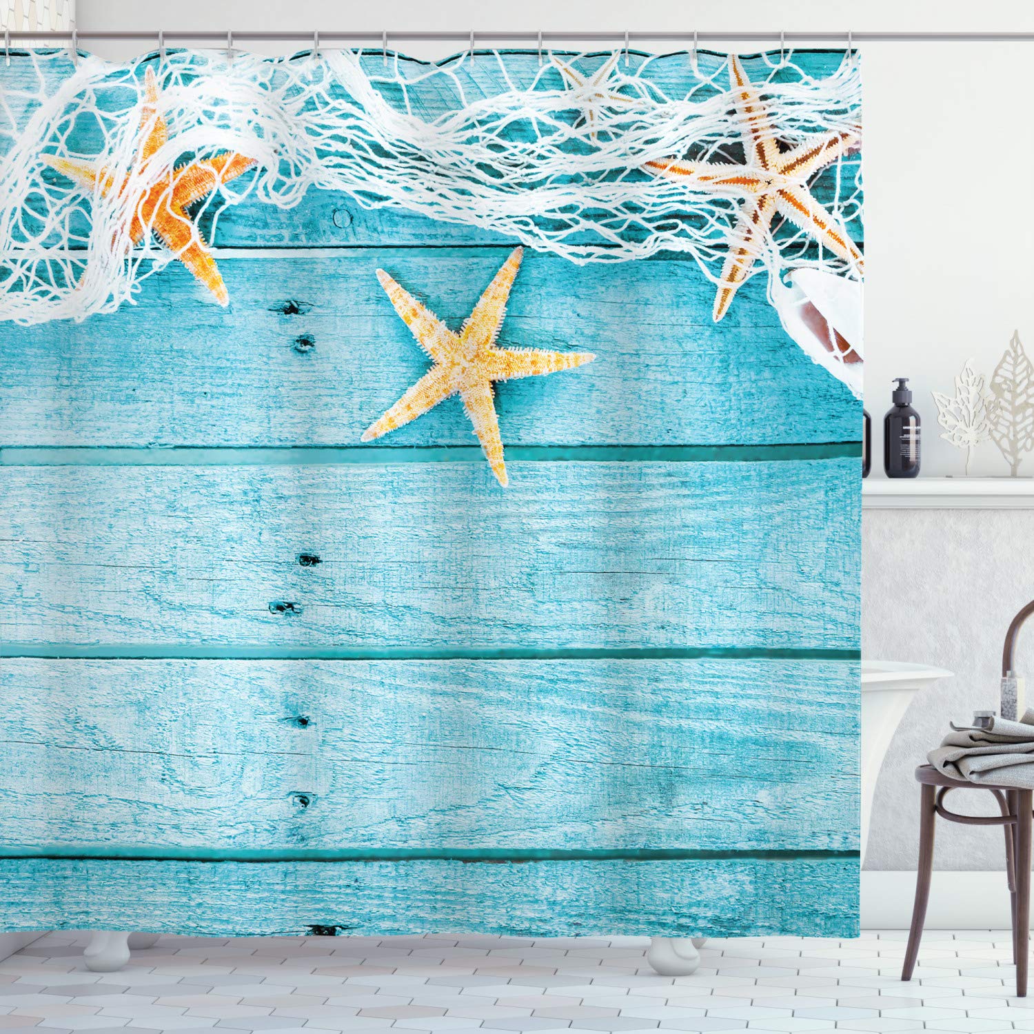 ABAKUHAUS Starfish Shower Curtain, Rustic Wood Boards Fishing Net and the Ocean Animals Nautical Print, Cloth Fabric Bathroom Decor Set with Hooks, 94 Inches, Turquoise White Orange