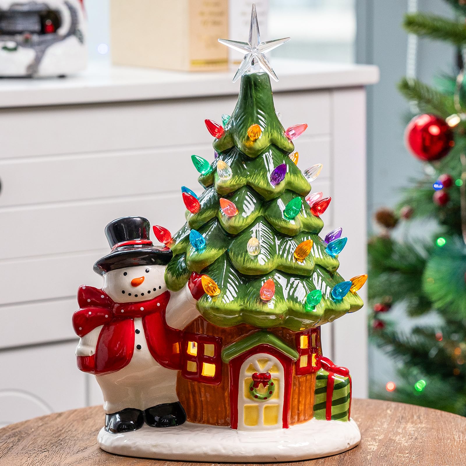 Photo 1 of 13" Ceramic Christmas Tree Snowman Hut with 38 Multicolored Lights, pre-light Hand-Painted Ceramic Christmas Tree for Tabletop Decorative Christmas Ornaments Gifts for Family Children or Friends