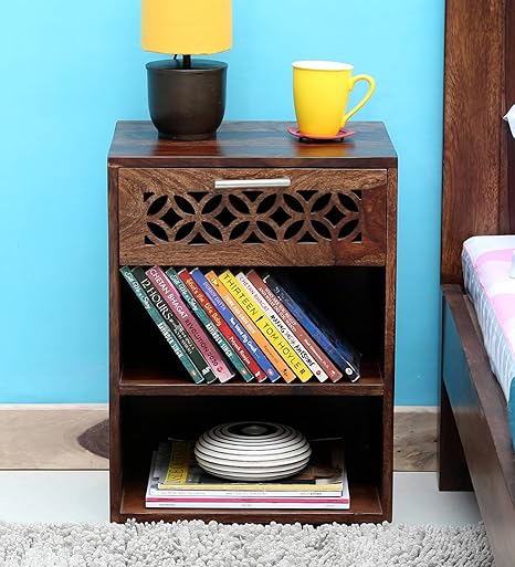 RjKart Sheesham Wood Walnut Finish Stroage Bedside End Table for Living Room | 1 Drawer Side Table