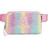 cotmcor Birthday Gifts for 5 6 7 8 9 10 11 12 Year Old Girl Teens Kids, Glitter Initial Fanny Pack for Girls, Personalized Belt Crossbody Bag, Valentines Christmas Gift Trendy Stuff, Rainbow A