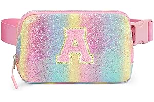COTMCOR Christmas Birthday Gifts for 5 6 7 8 9 10 11 12 Year Old Girl Teens Kids, Glitter Initial Fanny Pack for Girls Belt Bag Purse Crossbody Bags Cute Valentines Day Gifts Trendy Stuff, Pink Rainbow A