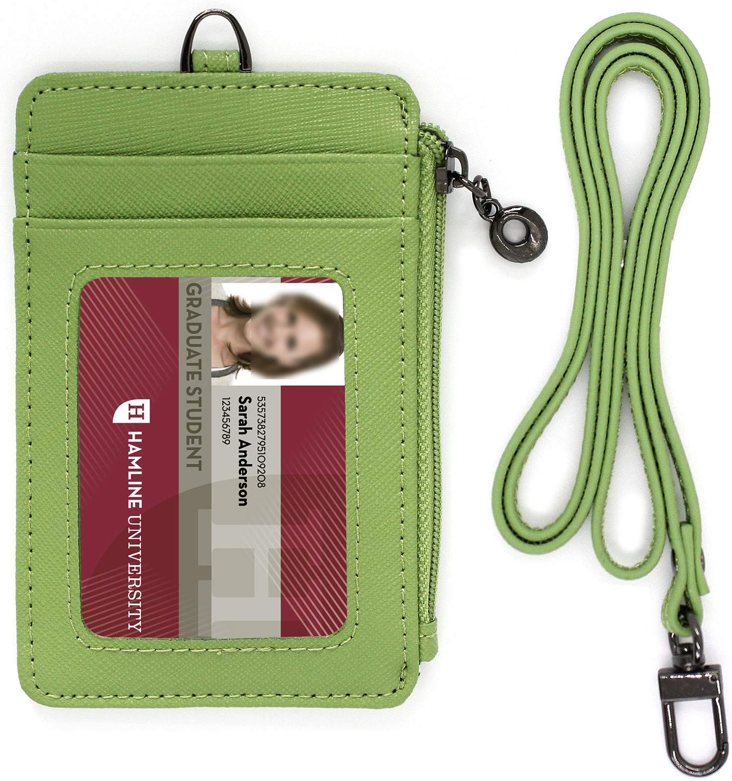 ID Credit Credit Card Holder Wallet Necklace Landyard Zipper Badge Case Genuine Leather Cute Women (Green)