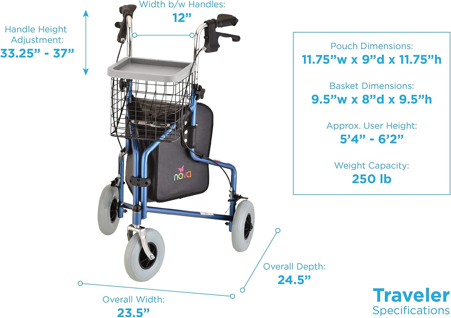 NOVA Traveler 3 Wheel Rollator Walker, All Terrain 8” Wheels, Includes Bag, Basket and Tray, Blue: Health & Personal Care