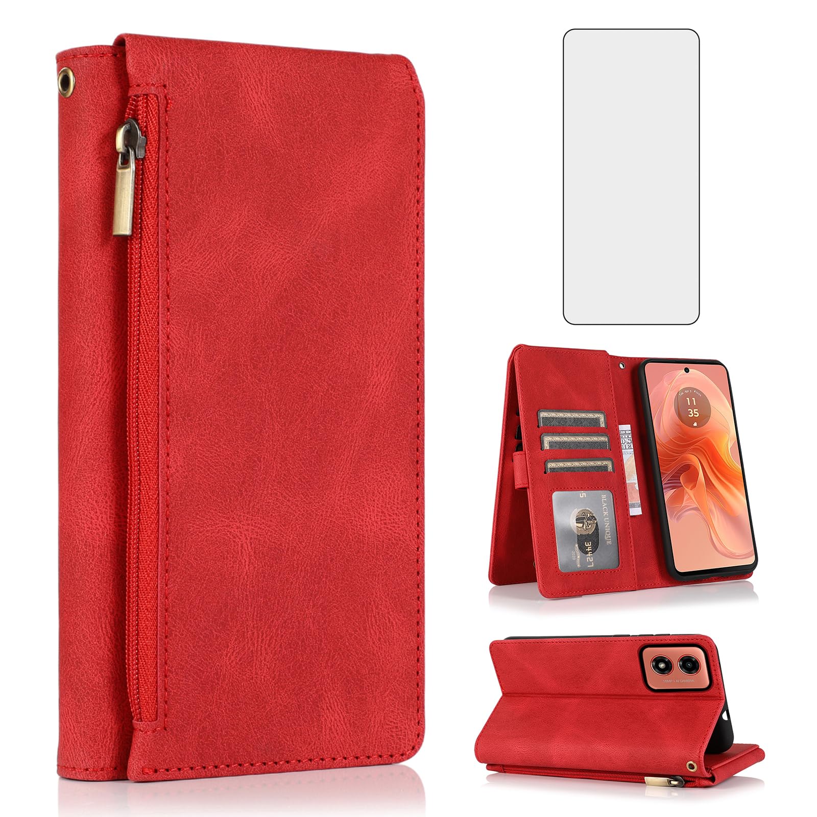 Compatible with Motorola Moto E14 / G04 / G04s / G24 Wallet Case Screen Protector and Zipper Retro Leather Flip Cover Card Holder Stand Cell Accessories for XT2421-2 XT2423-1 4G LTE Women Men Red