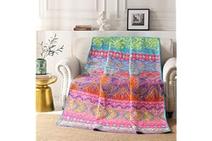 Qucover Boho Quilt Thow, Soft Microfiber Pink Blue Bohemian Bed Spread Quilt, Ethnic Style Lightweight Quilt Throw Blanket for Couch Sofa (Small Single)