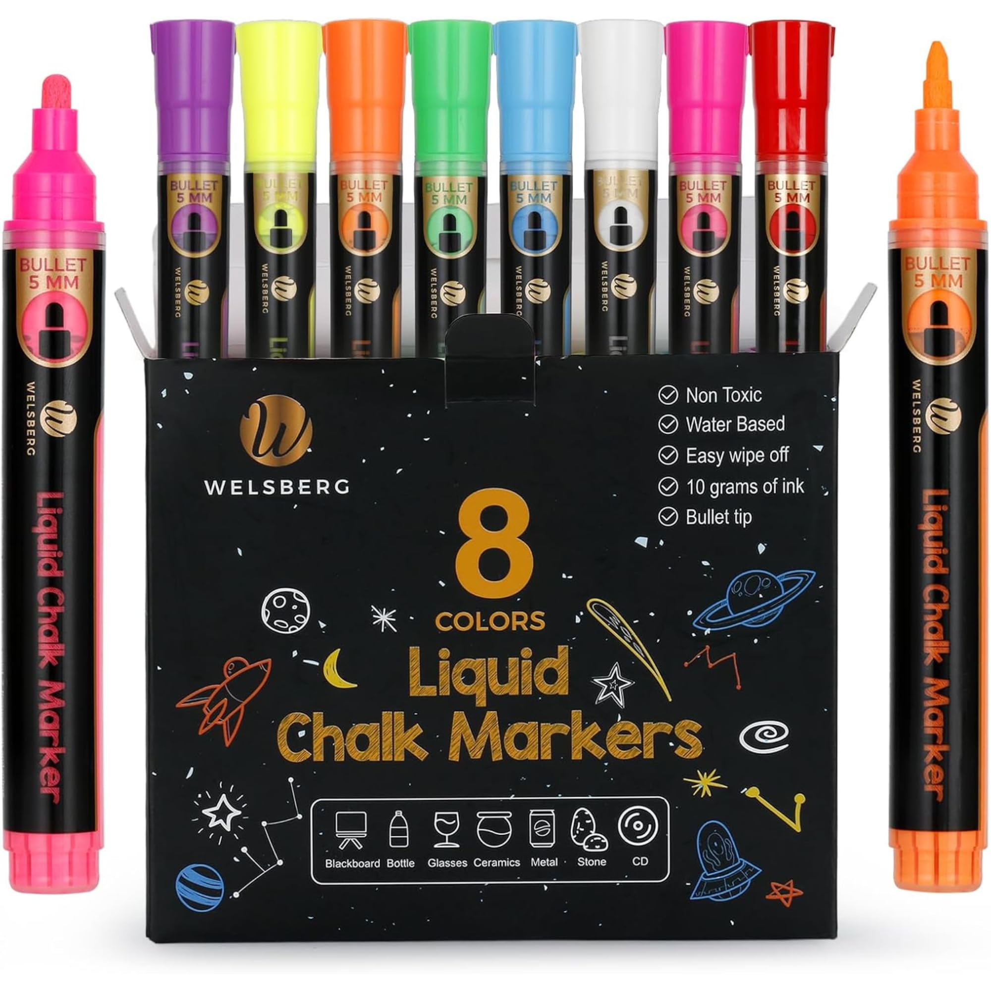 Welsberg Liquid Chalk Markers, Pack of 8 Chalk Pens - 5mm Reversable Bullet Tip, 10 gr Erasable Jumbo Ink, Dry or Wet Erase Markers for Blackboard, Whiteboard, Window, Glass - for School, Office, Home