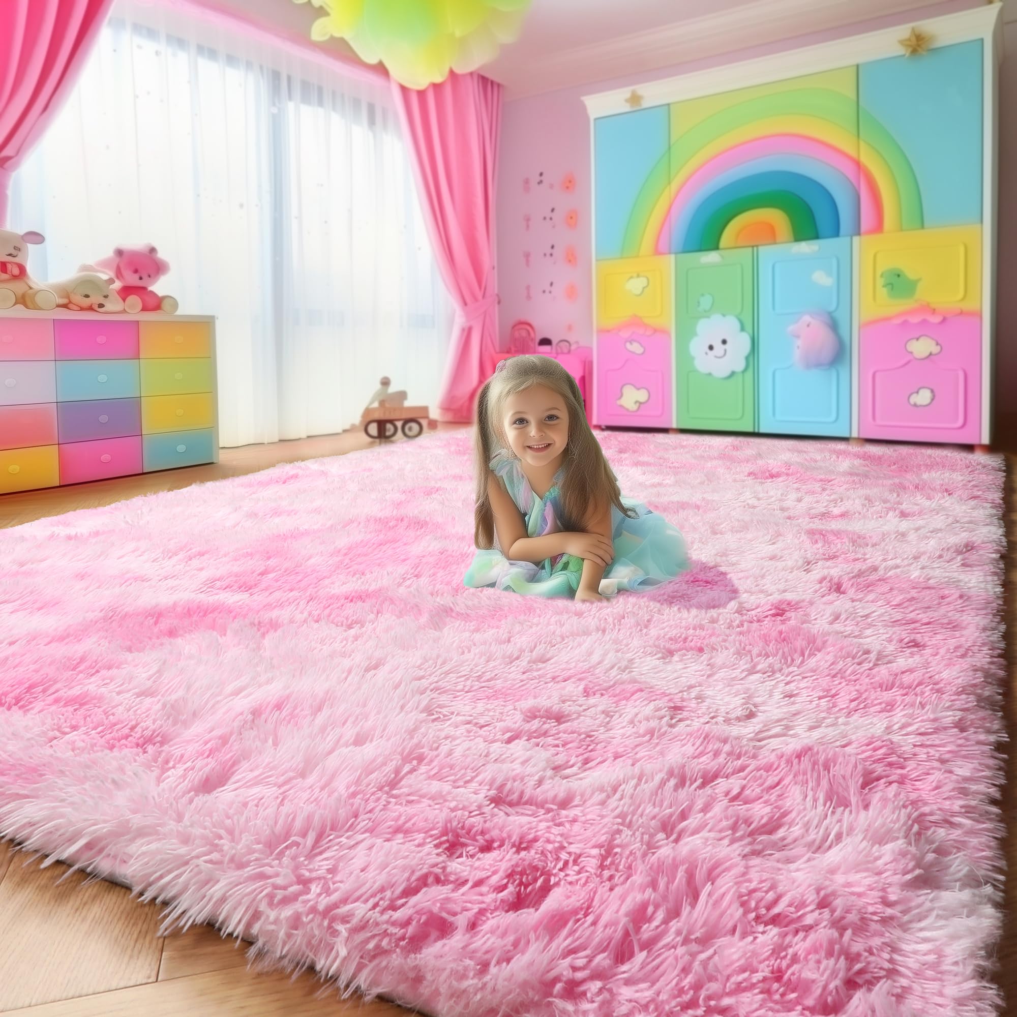 Photo 1 of Amdrebio Tie-Dyed Pink and White Rug 5x8 for Girls Bedroom, Soft Area Rugs for Kids Room, Cute Fluffy Fuzzy Princess Rugs for Playroom Dorm, Furry Shaggy Carpet for Baby Nursery, Preppy Room Decor