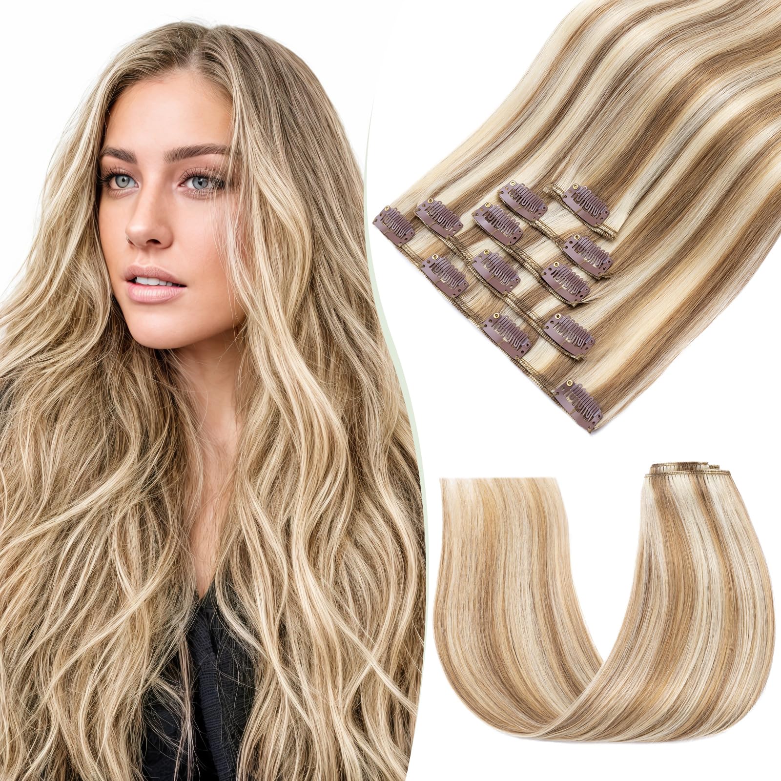 TESS Human Hair Extensions Clip in Real Hair Highlight Remy 5 Pieces Straight Natural Hairpieces for Women/Girls (#12P613 Golden Brown & Bleach Blonde, 18 Inch 70g) — image 1