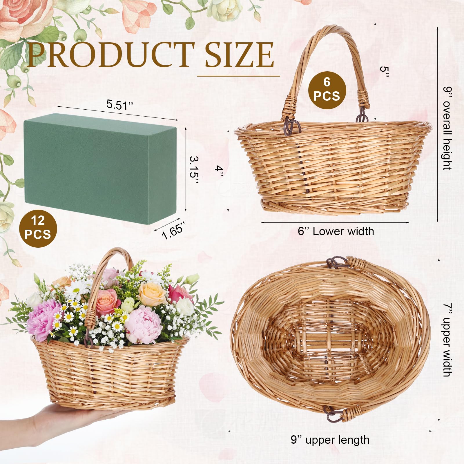 Condition photo showing New/Like New for barydat 6 pcs small wicker picnic basket with handle 12 pack floral foam blocks for flower arrangeme