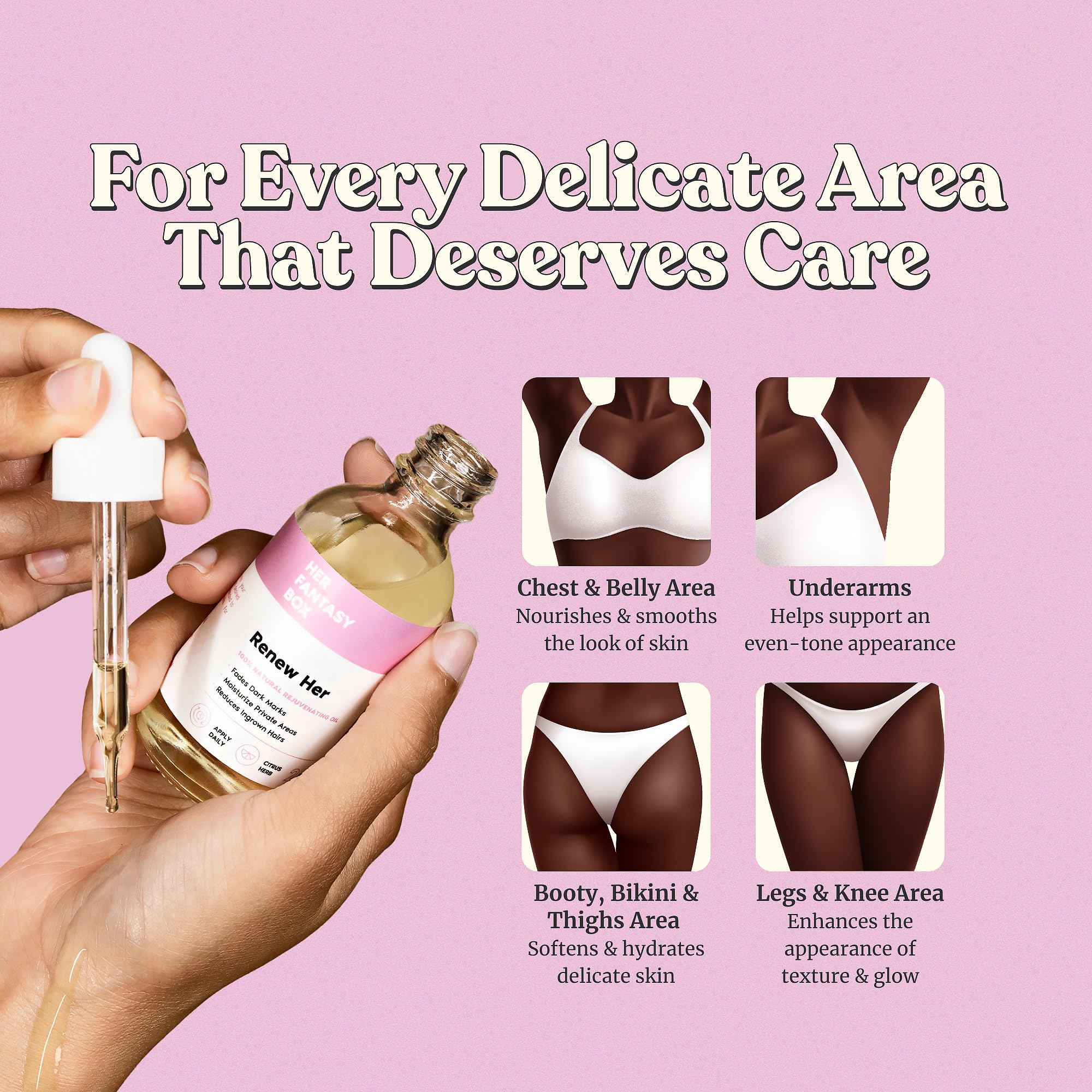 Her Fantasy Box Renew Her | Natural Rejuvenating Yoni Oil for Dark Spots, Ingrown Hair, and Skin Brightening - Nourishing, Moisturizing Formula for All Skin Types