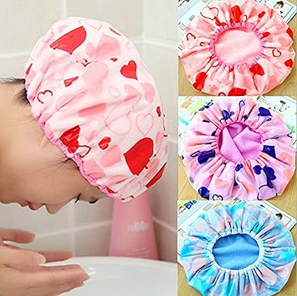 FOK Set Of 3Pc Good Quality Plastic Printed Shower Cap With Elastic Band Bathing Salon Hair Cap For Men Women And Children