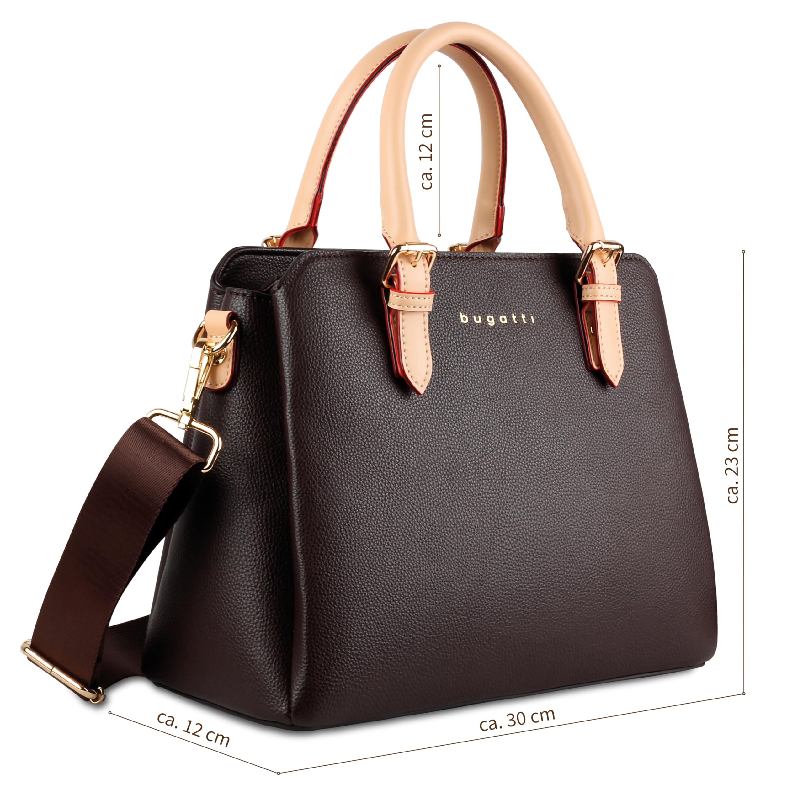 bugatti Ella Handtasche für Damen, Bowling Bag mittelgroß aus Kunstleder, braun