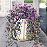 Artificial Hanging Flowers for Outdoors, 2 Pcs Fake Hanging Plant Spring Summer Decor, UV Resistant No Fade Realistic Faux Flower for Front Door Porch Planter Patio Garden Yard(Double Purple)