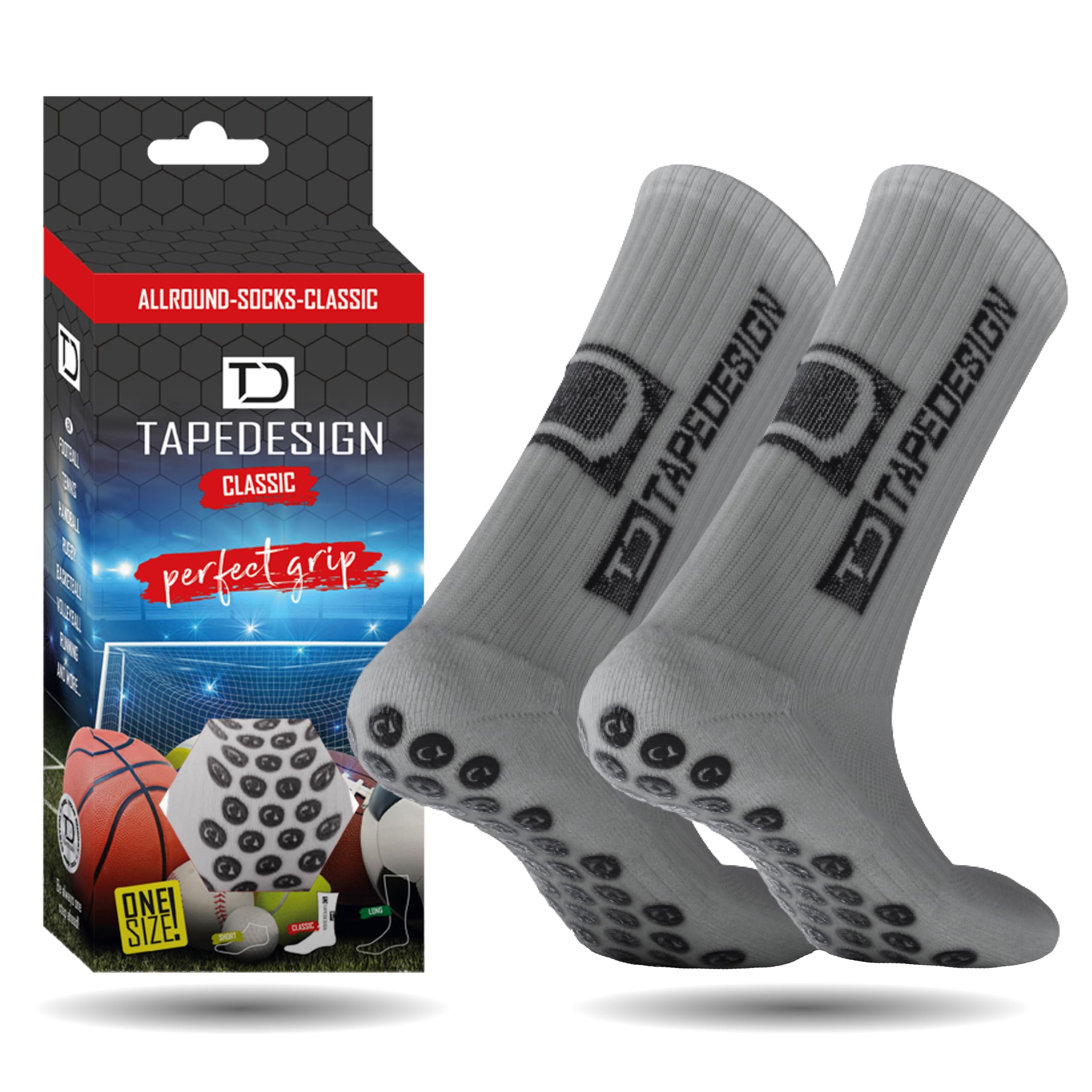 Tapedesign - "Classic 1 Pair Non-Slip Football Grip Socks Light-Grey (Size 5-14) Men, Women & Kids - Soccer Socks for Adults & Youth (Unisex) - Anti-Slip Sport Socks for Basketball, Tennis & Running