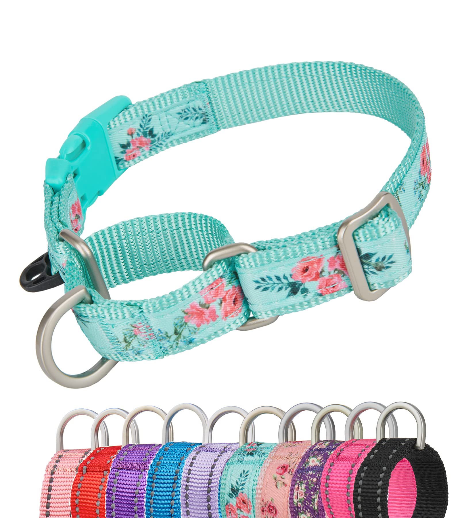 YUDOTE Martingale Dog Collars Escape-proof Anti-pull with Safety Quick Release Buckle for Narrow Head Canines Ease Walking,Small,Floral-Green