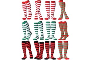 Glitopper 12 Pairs Christmas Socks Women Men Christmas Striped Knee High Socks Stockings Long Red Green Xmas