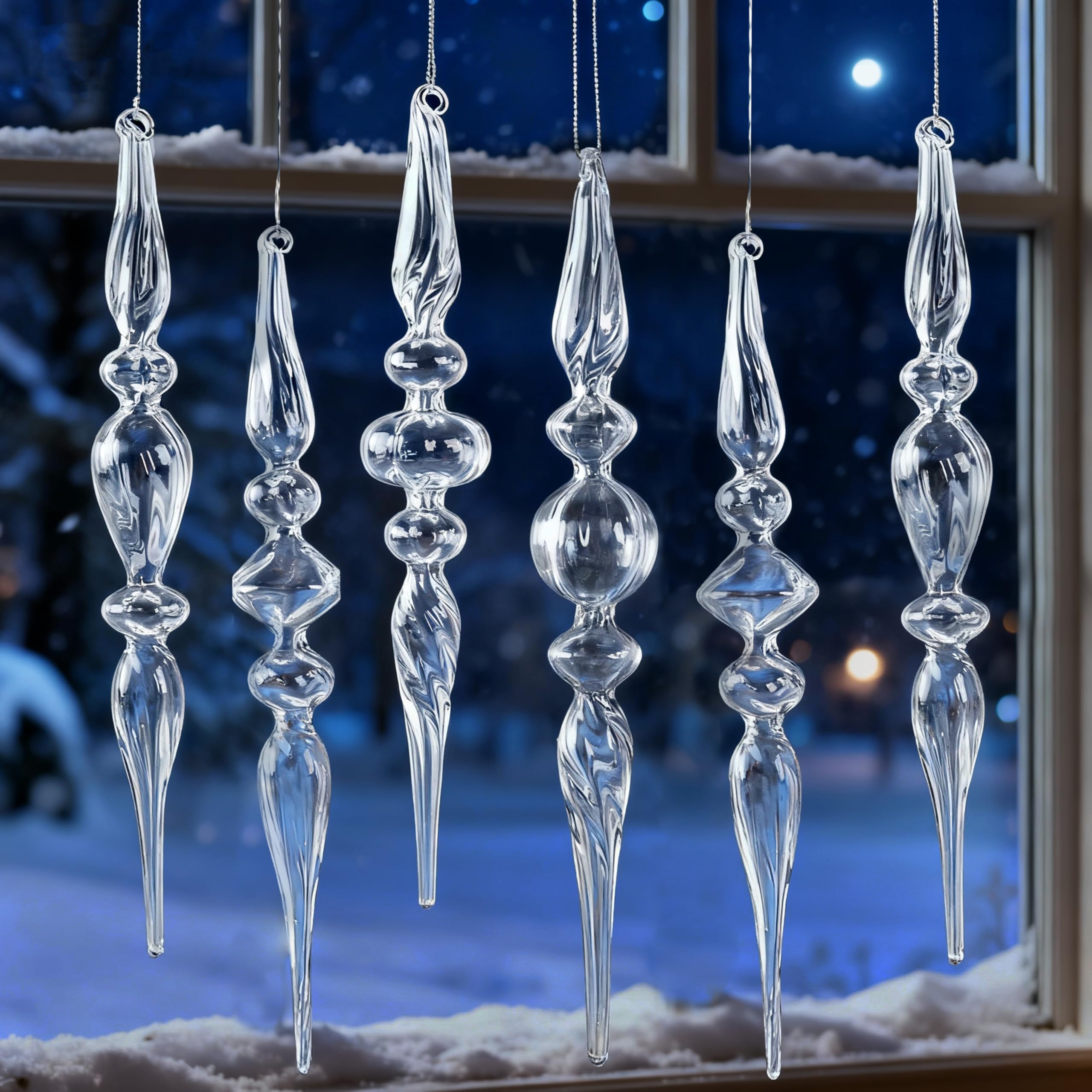 Photo 1 of 10 Inch Christmas Glass Finial Ornaments for Tree, 6Pcs Clear Glass Hanging Crystal Ornaments, Assorted Xmas Hanging Icicle Decor for Christmas Tree Winter Wonderland Wedding New Year Party Decor