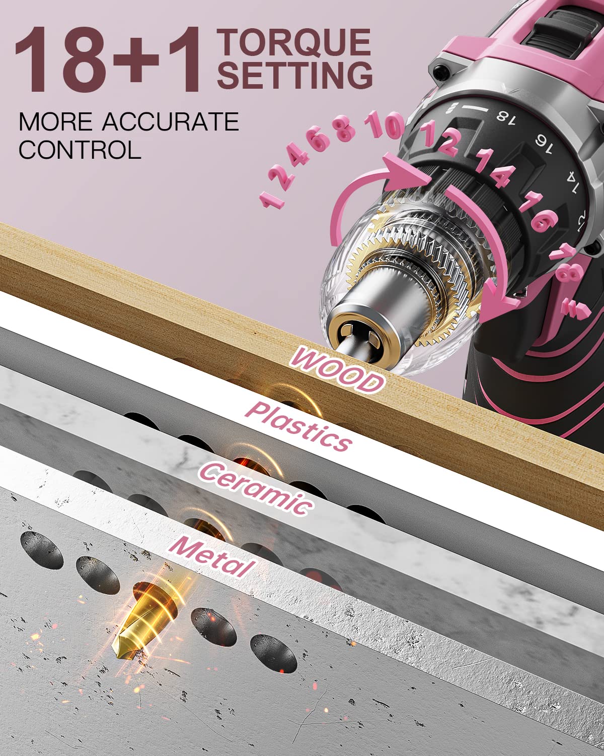 Drill Set, OUBEL 12V Cordless Drill Pink with 42 Acessories, Pink Power Drill Cordless with 3/8