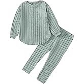 DEFAHN Toddler Girl Fall Clothes Set Warm Soft 2-piece Long Sleeve Ribbed Knit Tee & Leggings Winter Drop Shoulder Girl Set