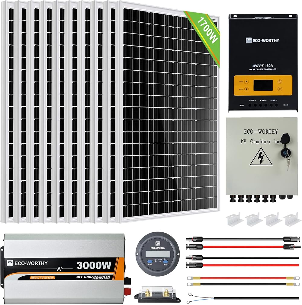 ECO-WORTHY 1700W 24V Solar Power System 10x 170W Panels 3000W Inverter 60A MPPT